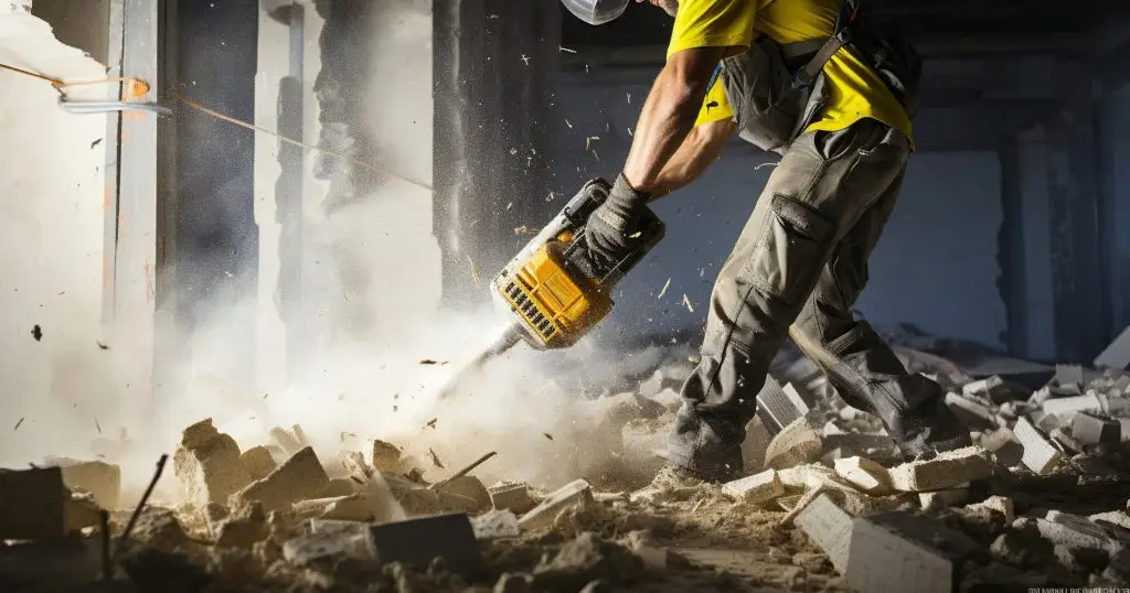 man breaking concrete with demolition hammer